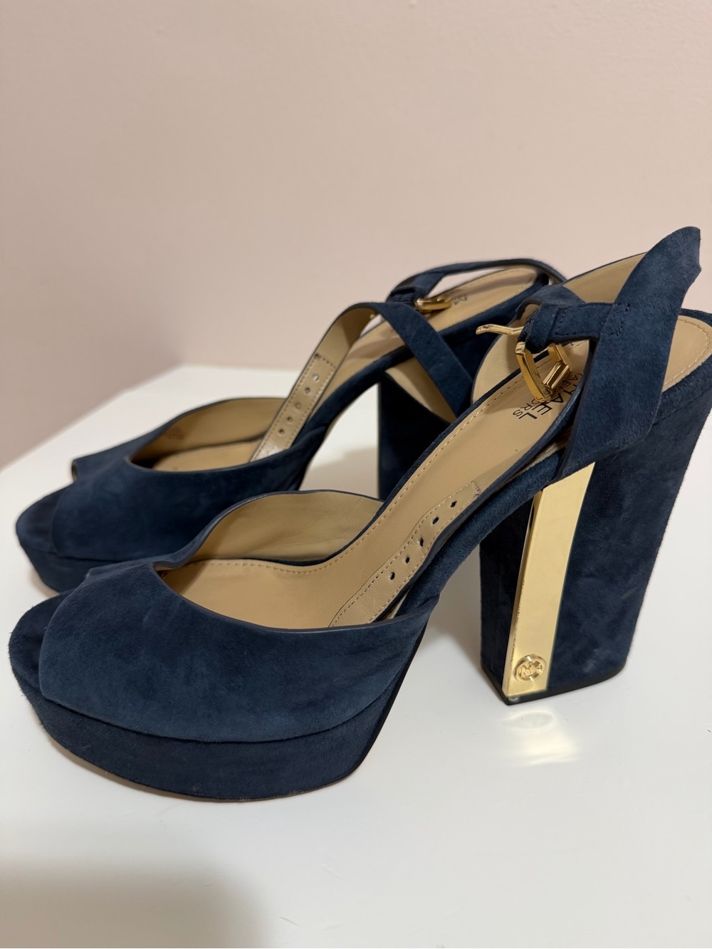MICHAEL Michael Kors Navy Suede Platform Peep-Toe Heels with Gold Accent